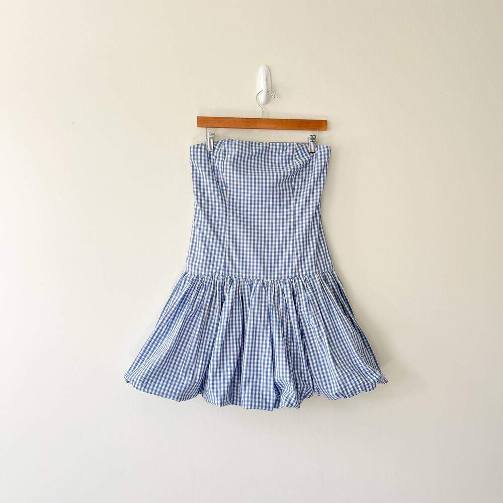 Abercrombie & Fitch Strapless Bubble Hem Mini Dress in Blue Gingham Medium Tall - Picture 2 of 11